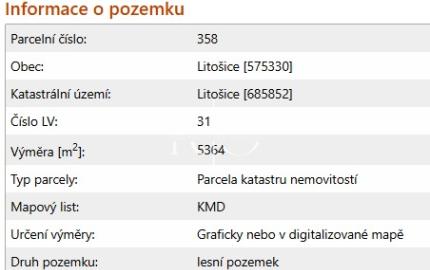 Na predaj lesné pozemky v ČR, obec Litošice, okres Pardubice