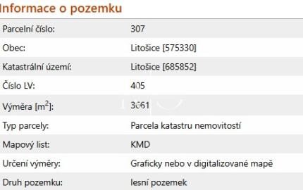 Na predaj lesné pozemky v ČR, obec Litošice, okres Pardubice