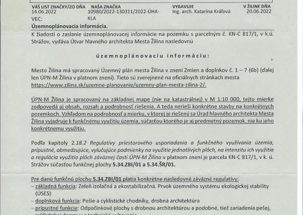 Na predaj rekreačný pozemok o výmere 2310 m2 v k.ú. Strážov, obec Žilina