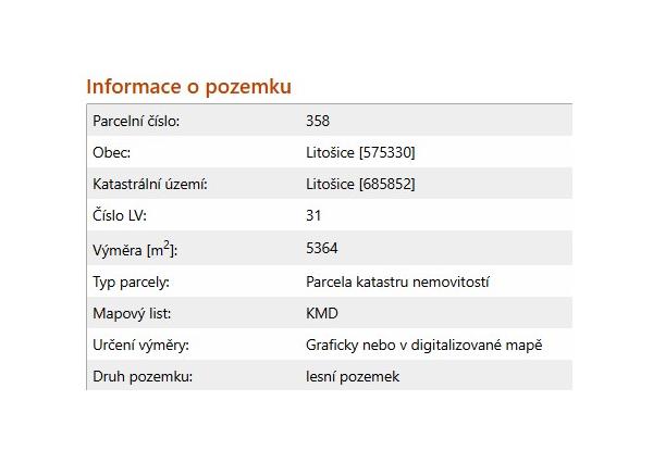 Na predaj lesné pozemky v ČR, obec Litošice, okres Pardubice