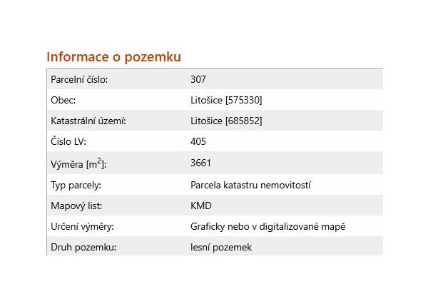 Na predaj lesné pozemky v ČR, obec Litošice, okres Pardubice