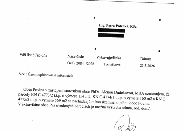 Na predaj stavebný pozemok v obci Povina, Kysucké Nové Mesto
