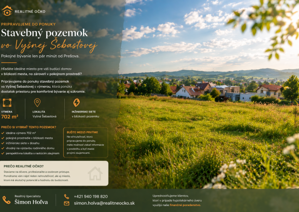 PRIPRAVUJEME na predaj pozemok 702 m²,Vyšná Šebastová–Prešov