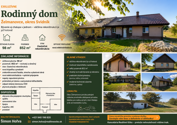 Rodinný dom s pozemkom na PREDAJ, Želmanovce - okr. Svidník