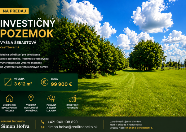 Na predaj investičný pozemok - Vyšná Šebastová, okr Prešov