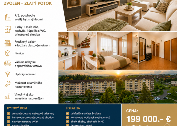 Na predaj 3,5-izbový byt 82 m² Zvolen – Zlatý Potok